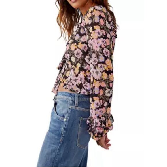 Free People Maybel Blouse Top Shirt Tie-up Floral Black Combo Large L NWT - Picture 2 of 12